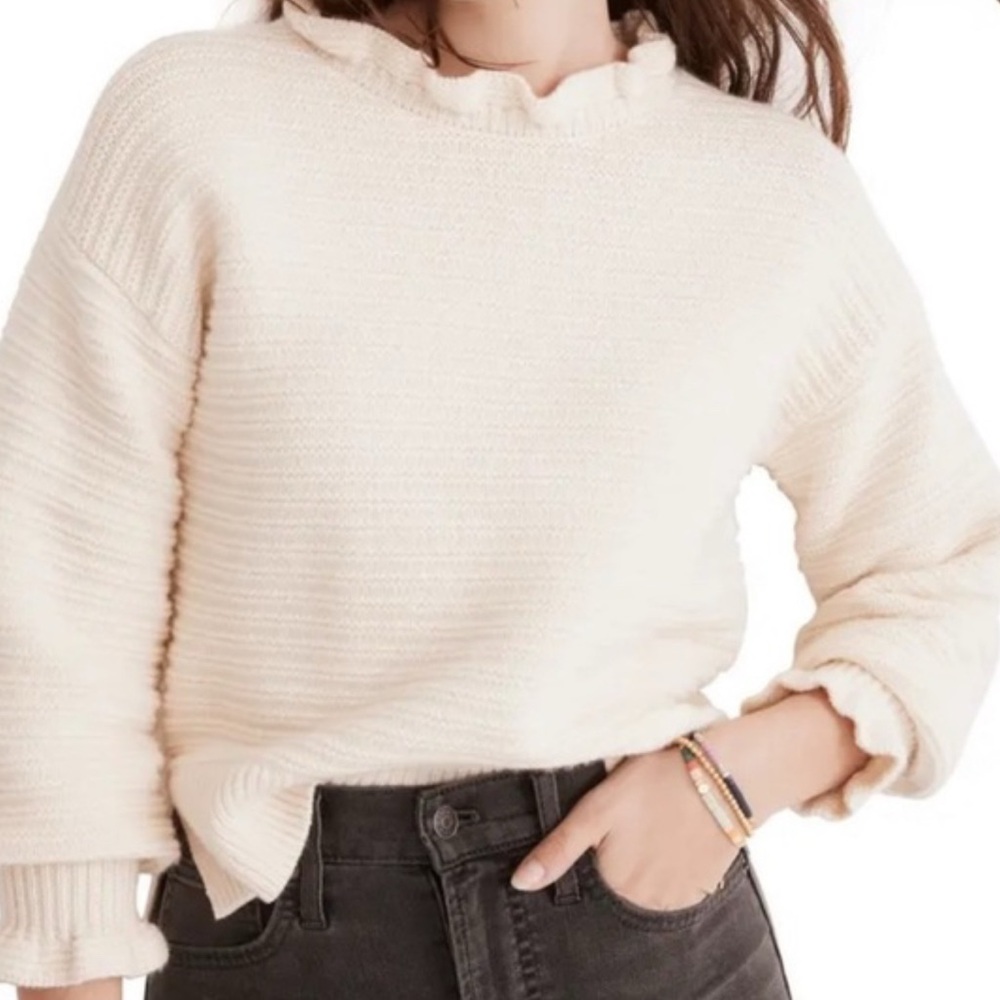 Madewell Oatmeal Ruffle Crew Neck Sweater